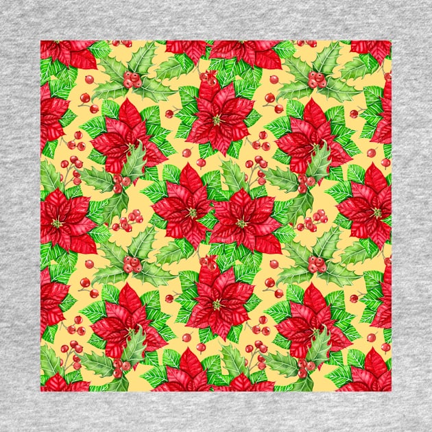 Poinsettia and holly berry watercolor Christmas pattern by katerinamk